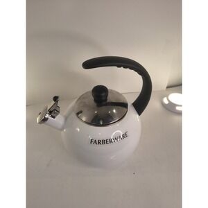 Farberware Whistling Tea Kettle White Enamel 2 Qt Stovetop w/ Black Handle